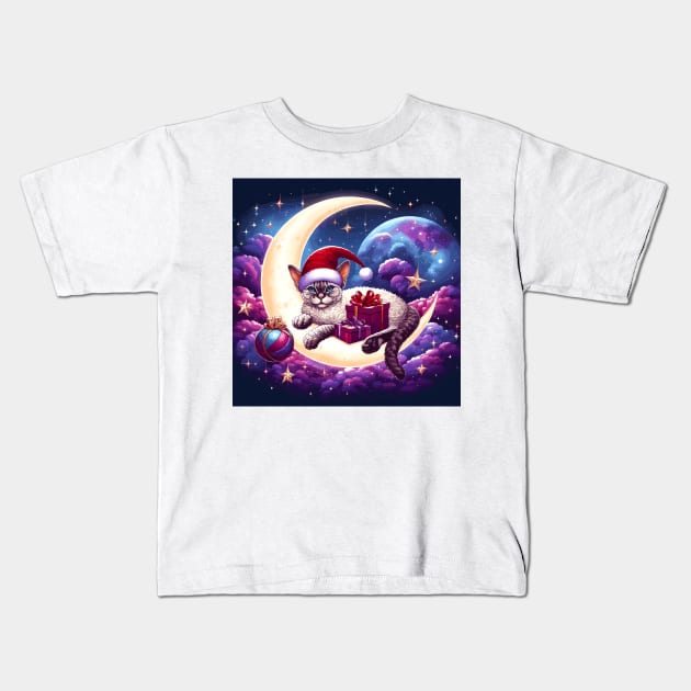 Devon Rex Cat On The Moon Christmas Kids T-Shirt by Graceful Designs